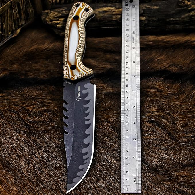 BA-KOR 12.4in Full Tang Fixed Blade Hunting Knife ??6mm 9CR18MoV Steel, G10 Handle, Stonewashed Sawback Blade with Kydex Sheath & Fire Starter for Outdoor, Camping, Survival (White and brown stripes)