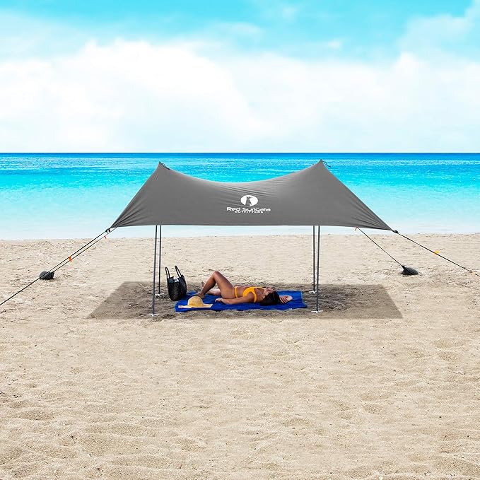 Red Suricata Family Beach Parasol - Sun Shade Canopy | UPF 50 UV Protection | Tent with 4 Aluminium Poles, 4 Pole Anchors, 4 Sandbag Anchors | Large & Portable Shelter Tarp