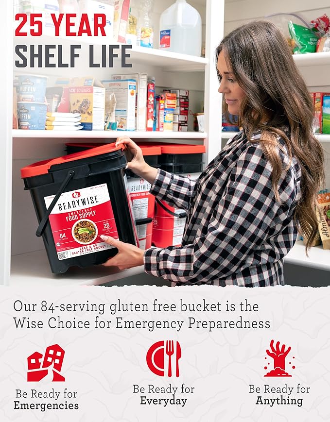 ReadyWise Emergency Food Supply - 84 Servings Gluten Free Survival Food Bucket, Dehydrated Meals & Freeze Dried Food for Backpacking, Camping Essentials & Emergency Supplies, up to 25 Year Shelf Life