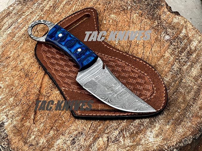 Bushcraft Survival Knife12T27 Damascus Steel Fixed Blade outdoor - Pakka Wood Handle - Pancake Leather Sheath - Traditional Field for Camping , Fishing, Hunting Knife, Men & Women - EDC Knife to Carry on Belt- (BLUE)