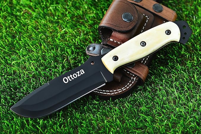 Ottoza Fixed Blade Hunting Knife with Leather Sheath and Horizontal Carry - Full Tang Outdoor Survival and Camping Knife for Men - Bone Handle 354