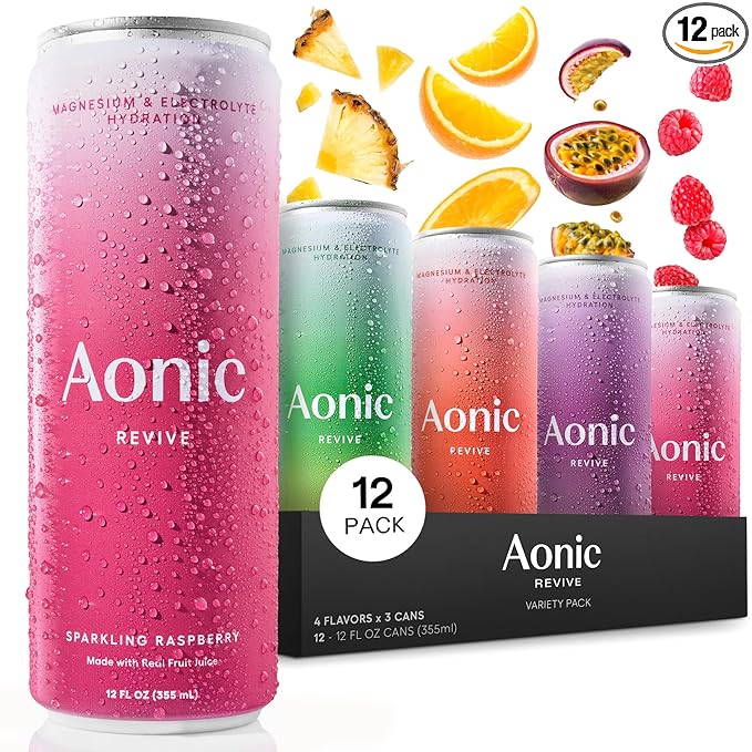 Aonic Revive Electrolyte Drink for Hydration & Recovery, No Added Sugar, Caffeine-Free with Magnesium,B Vitamins Naturally Flavored- 12 Fl Oz Cans (12-Pack), Variety - Pineapple, Raspberry, Orange & Passionfruit