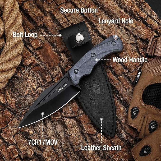 MOSSY OAK Hunting Knife with Sheath, 8.5-inch Full-tang Fixed Blade Knife, Outdoor Knives for Survival, Camping, Hiking (G10 Handle-Dark Grey)