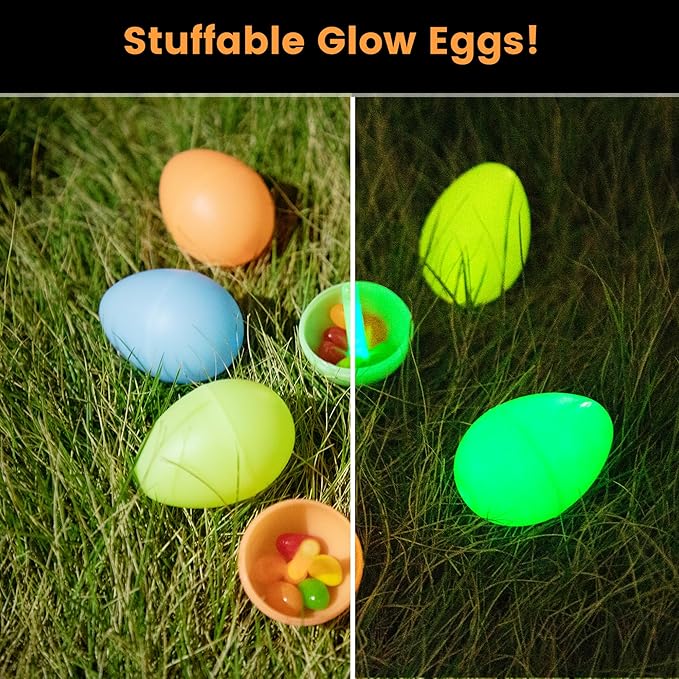 POPGIFTU 120 Easter Eggs with 240 Mini Glow Sticks, Glow-in-the-Dark Easter Eggs Bulk for Kids, Easter Basket Fillers & Party Favors, Egg Hunt Prizes & Classroom Decorations