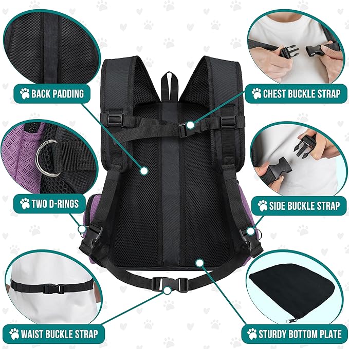 PetAmi Adjustable Cat & Dog Front Chest Carrier Backpack, Ventilated for Hiking & Camping, Max 14 lbs, Purple