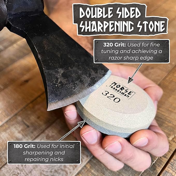Norse Tradesman 14" Viking Throwing Axe - Fully Sharpened Norse Hand-Axe - Carbon Steel Axe Head with Premium Leather Cross-Stitch and Sharpening Stone