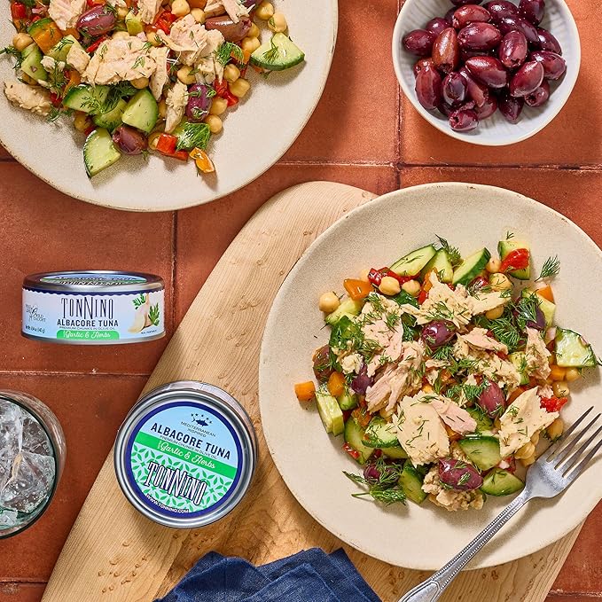 Tonnino Tuna Fish Albacore - Premium chunk in olive oil with Garlic & Herbs ??Pack of 12 ??Alternative to Salmon ??Protein Snacks ??Ready to Eat Meals