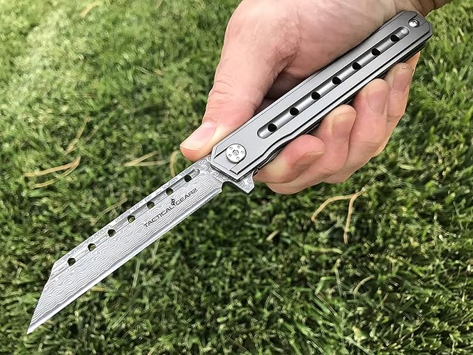 TACTICAL GEARZ Damascus Pocket Knife for EDC, Solid Titanium Handle, 67 Multi-Layered Damascus Steel VG10 Tanto Blade, Includes Sheath (Onyx XT Platinum)