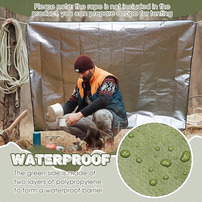 Kingdder 2 Pcs Heavy Duty Emergency Blanket for Survival 60 x 82 Inches Thermal Tarp Insulated Tent Camping Tarp Infrared Blocked Blankets for Rescue Camping Hiking(Green)