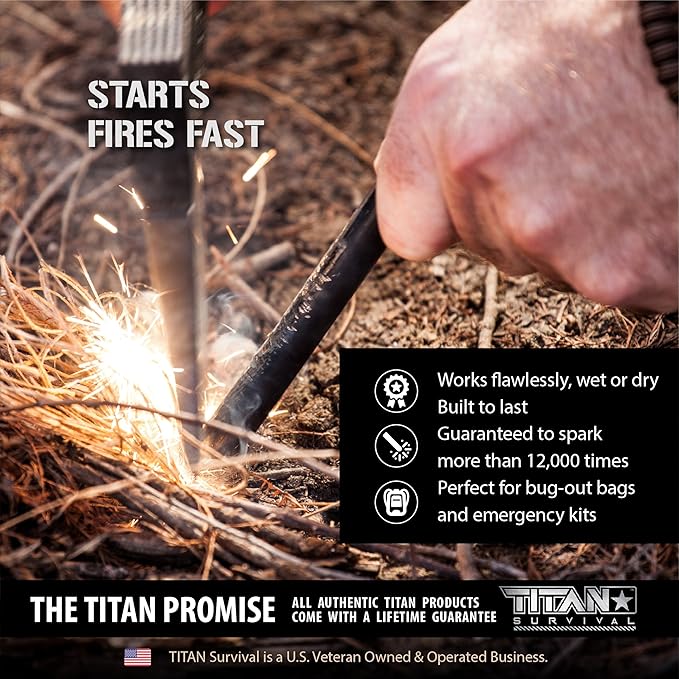 Titan SurvivorSteel Ferrocerium Fire-Starter v2.0, 5" x 1/2" Ferro-Rod with Steel Scraper, Patented SurvivorCord Handle, and Integrated High-Decibel Emergency Whistle.