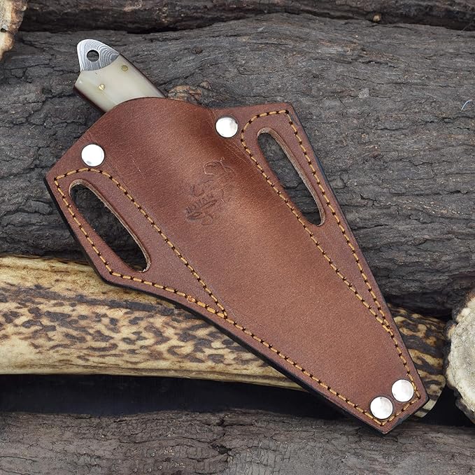 Knives Ranch EDC Hunting Knife - Carbon Steel Damascus - Bone Handle - Pancake Sheath (2001-B)