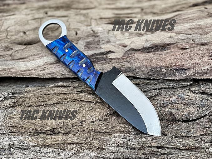 7'' Full Tang Fixed Blade Outdoor Camping Hunting Knife In Sheath Gift For Him | 1095 High Carbon Steel Knife | SKINNER Gift | Cowboy knives | Pancake leather sheath (BLUE)