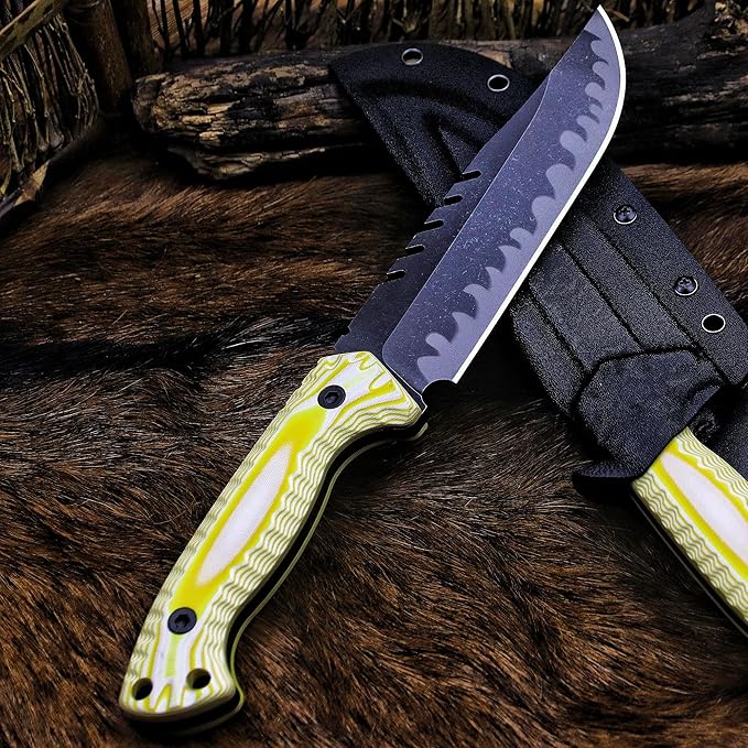 BA-KOR 12.4in Full Tang Fixed Blade Hunting Knife ??6mm 9CR18MoV Steel, G10 Handle, Stonewashed Sawback Blade with Kydex Sheath & Fire Starter for Outdoor, Camping, Survival (White and yellow stripes)
