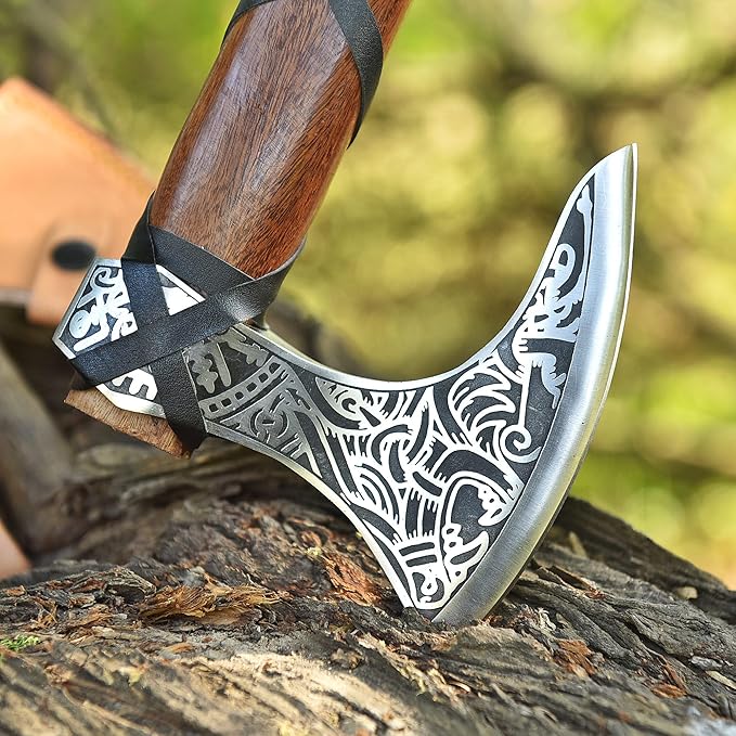 Viking Axe Ragnar Lothbrook Hunting Axes Rosewood Handle - High Carbon Steel Blade Sharp EDG Wood Working Hand Tool - Tomahawk Bearded Axes - Forged Outdoor Camping Tools Axe with Leather Cover
