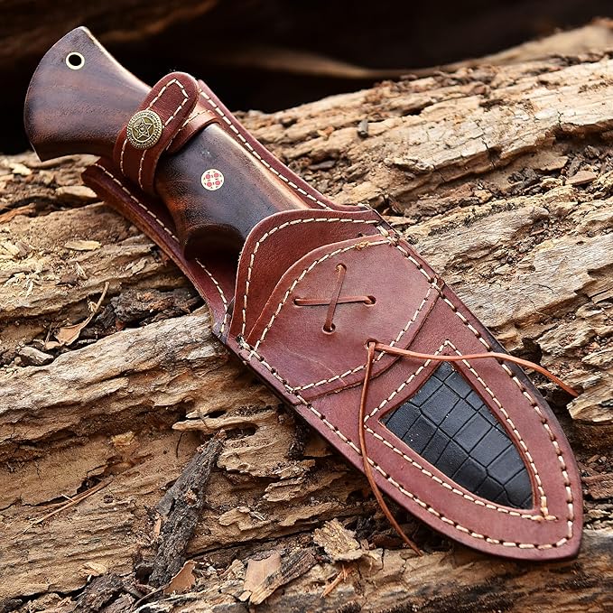 Handmade Damascus Hunting Knife with Leather Sheath - Ideal for Skinning, Camping, Outdoor - EDC Fixed Blade Bushcraft Knife with Walnut Wood Handle- Horizontal Carry Knives For Men-4002