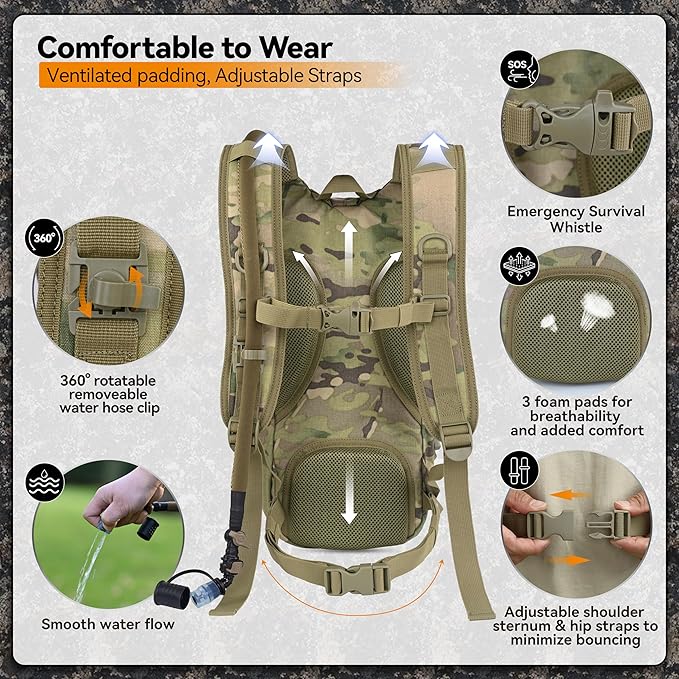 MARCHWAY Tactical Molle Hydration Pack with 2.5L TPU Water Bladder, Low-Profile Organized Military Backpack for Hiking, Cycling, Backpacking, Hunting, Running