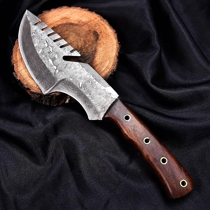 9.5" Handmade Damascus Knife with Leather Sheath | Elite Outdoor Companion | Damascus Steel Blade with Wood Handle | Dark Brown Handle with Sheath Included | Unparalleled Camping Performance