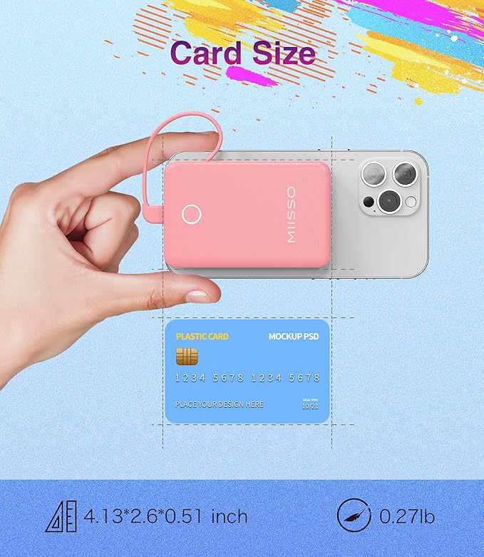 6000mah Ultra Slim Built in Cables Power Bank, Card Size Built in USB C Cords Battery Pack Portable Charger for Phones, 3 Output External Battery Pack Compatible with iPhone, Samsung, Deep Pink