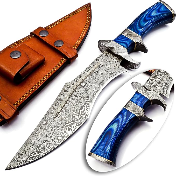 NOORAKI - 15??Damascus Bowie Knife with Sheath | Hand Made Hunting Knife - Fixed Blade Long Bowie Knives - Ideal for Survival ,Chopping, Camping, Outdoor Gift for Men |Tactical Knife Wood Handle (Blue)