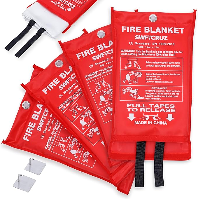 Fire Blanket 4 Pack with Hooks & Gloves High Heat Resistant Emergency Fire Suppression Blanket for Home, Kitchen & Camping Safety (4 Packs)