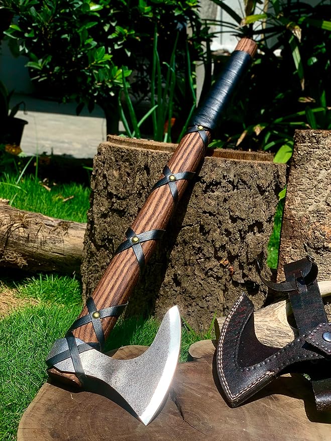 22-Inch Hand-Forged Viking Bearded Axe with Sheath – Survival & Camping Hatchet for Men – Best Gift (Brown Ragnar)