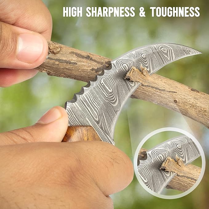 Damascus steel Handmade Knife, Survival claw Tactical teeth Knife Double edged sharp, Fixed Blade Knife With Sheath, Curved knife (Walnut Wood)