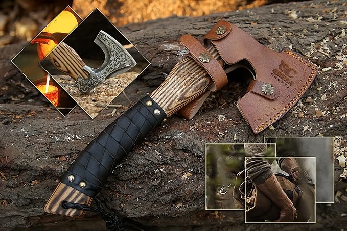 QEPAA CRAFTS® 13??Inch Hand-Forged Viking Axe-Rosewood Handle Hatchets and Axes, Wood Splitting Axe, Camping Axe,Viking Gift for Men (Medieval)