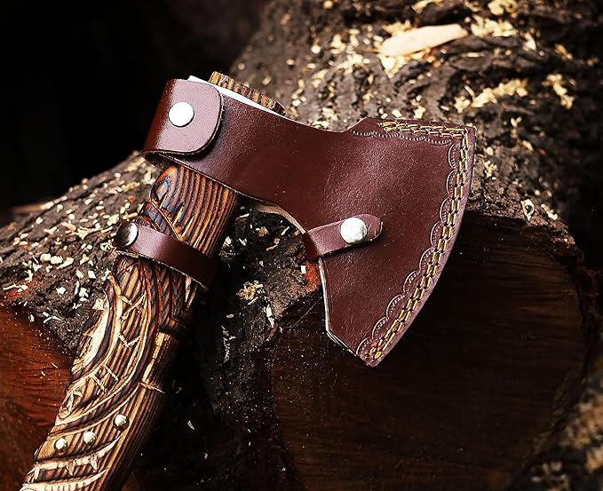 Wazir Crafts Viking Axe |Carbon Steel Engraved Blade with 18″ Wooden Handle & Leather Sheath | Collectible Norse Design Hatchet for Camping & Gifting (WCA-014)