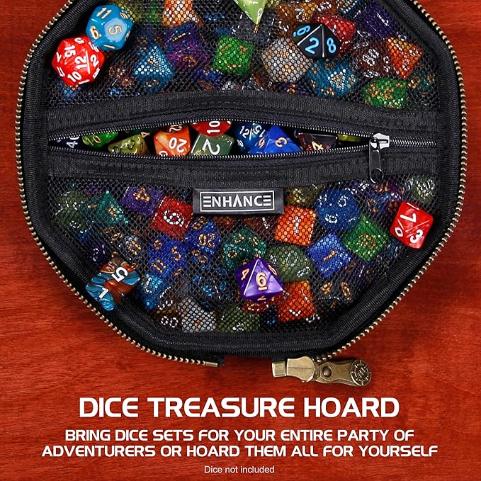 ENHANCE DND Dice Tray and Case - DND Dice Holder for up to 150 D&D Dice with Rugged Hard Shell Exterior and Protective Soft Interior - Rolling Tray Perfect for Game Night (Black)