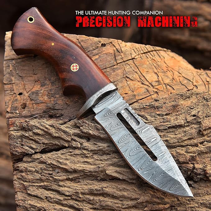 Handmade Damascus Hunting Knife with Leather Sheath - Ideal for Skinning, Camping, Outdoor - EDC Fixed Blade Bushcraft Knife with Walnut Wood Handle- Horizontal Carry Knives For Men-4002