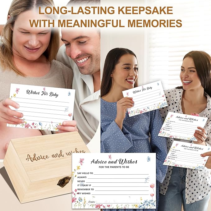 Advice and Wishes Cards Box - 50 Pcs Advice Card Wildflower Baby Shower Decorations, Double Sided Advices and Well Wishes Box For Parents To Be, New Mommy Baby Shower Games