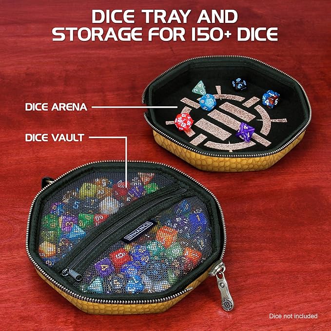 ENHANCE DND Dice Tray and Case - Collector's Edition DND Dice Holder up to 150 D&D Shakers with Hard Shell Exterior and Protective Soft Interior - Rolling Tray Perfect for Game Night (Dragon Gold)
