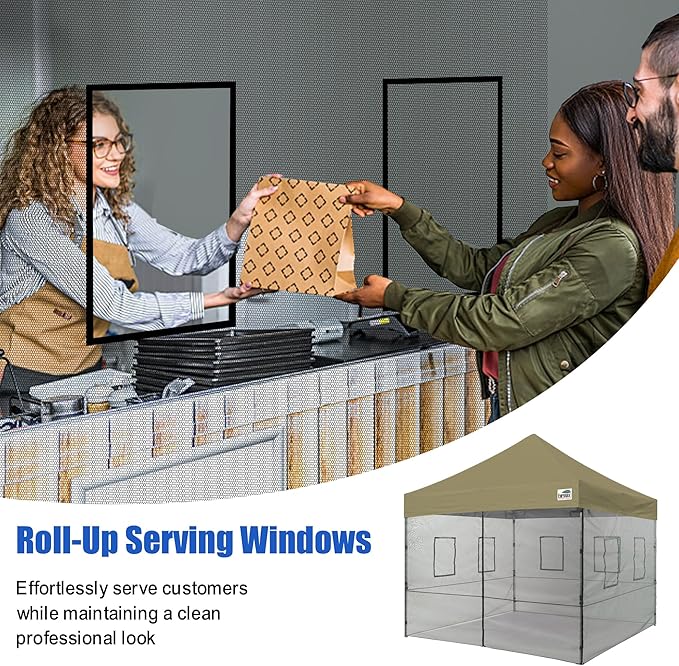 Eurmax USA 10'x10' Pop-up Canopy Tent Commercial Instant Canopies with 4 Removable Zipper End Food Service Wall kit and Roller Bag, Bonus 4 SandBags(Khaki)