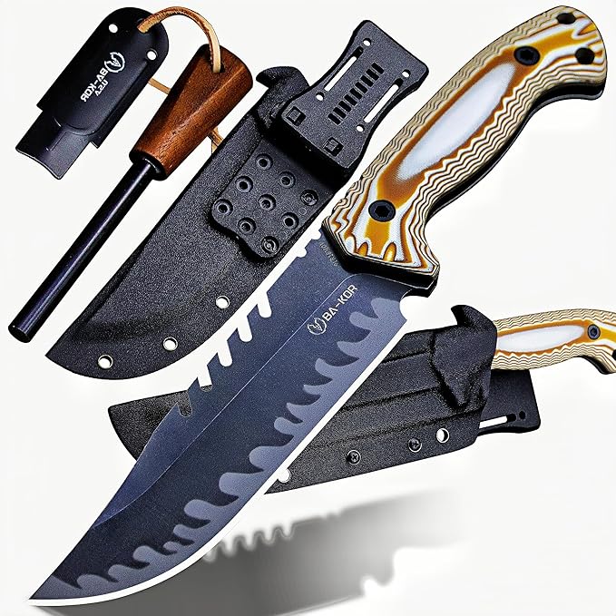 BA-KOR 12.4in Full Tang Fixed Blade Hunting Knife ??6mm 9CR18MoV Steel, G10 Handle, Stonewashed Sawback Blade with Kydex Sheath & Fire Starter for Outdoor, Camping, Survival (White and brown stripes)