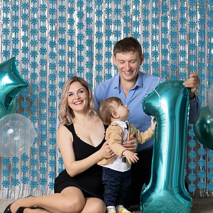BRAVESHINE Blue Party Snowflake Backdrop - 2 Pack Hanging Foil Fringe Snow Flakes Party Streamers Curtain for Christmas Winter-Themed Frozen Birthday Baby Shower Holiday New Year Party Decorations