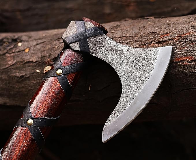 WAZIR Crafts Viking Axe | 17″ Hand-Forged Carbon Steel Tomahawk with Rosewood Handle & Leather Sheath, Bearded Axe for Camping, Bushcraft, Throwing, Gifts for Men (WCA‑015)