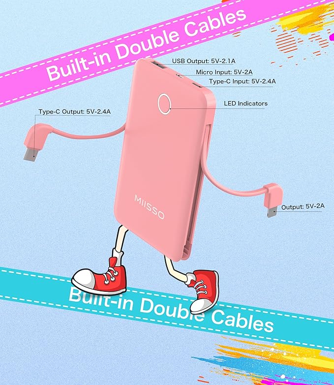 6000mah Ultra Slim Built in Cables Power Bank, Card Size Built in USB C Cords Battery Pack Portable Charger for Phones, 3 Output External Battery Pack Compatible with iPhone, Samsung, Deep Pink