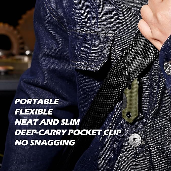 Hightron Mini Ventura EDC Pocket Knife, 2.85" Stonewashed D2 Steel Blade G10 Handle with Pocket Clip, Liner Lock Knife for EDC Camping Survival Hiking Unisex Green-W