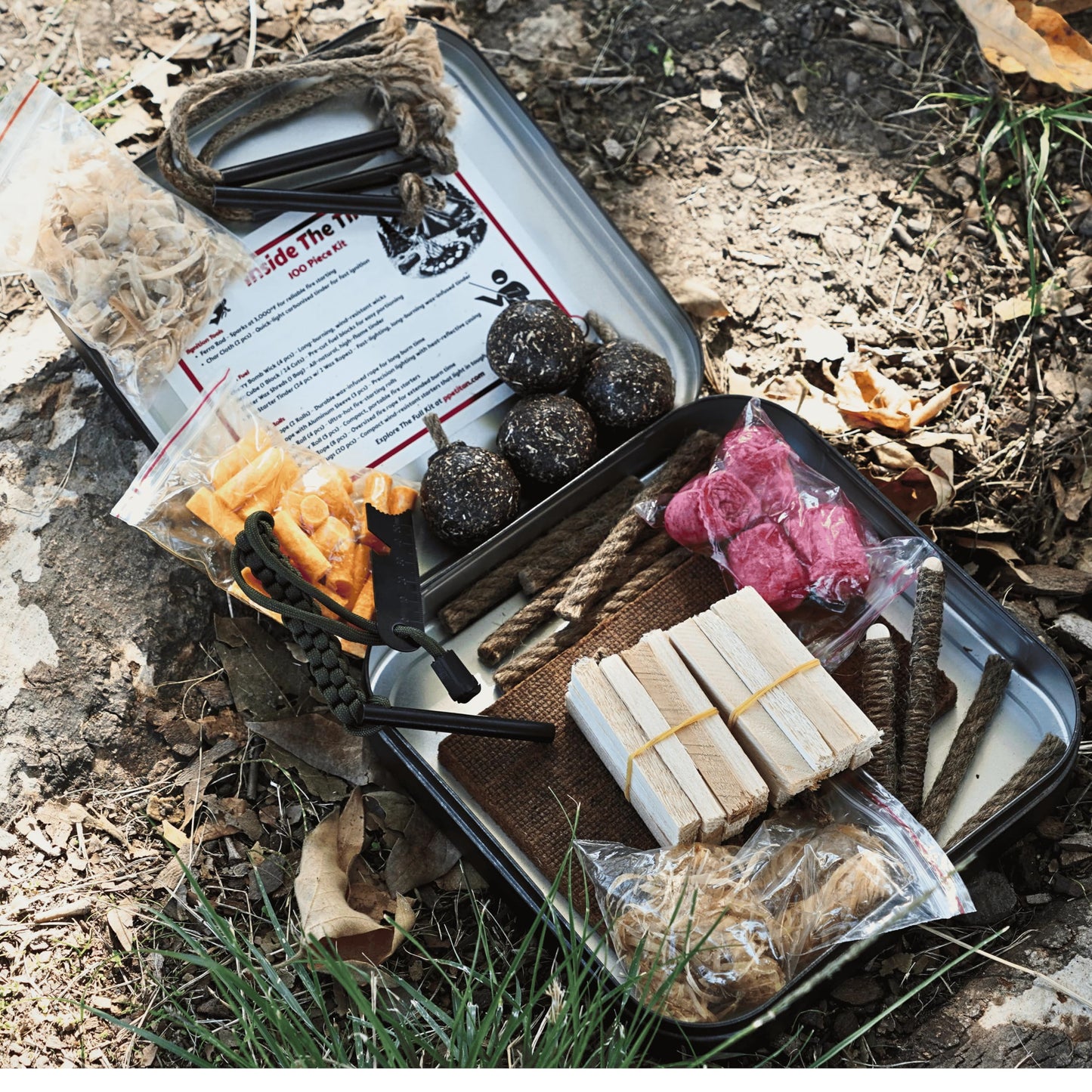 TinFerno Fire Starting Kit – 100pc Fire Starter for Campfires, Ferro Rod, Magnesium Flint, Char