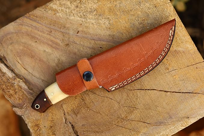 Fixed Blade Hunting Knife With Camel Bone Handle, Damascus Steel Sharp Blade, Full Tang - Leather Sheath for Outdoor Camping, Skinning, Hiking, Fishing, Bushcraft Survival (Bone Handle)
