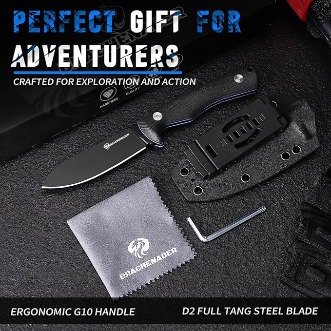 SHADOW 8.11" Fixed Blade Hunting Knife, D2 Steel Blade Survival Knife with Kydex Sheath Horizontal Carry for Men, Outdoor, Skinning and Camping (Black)