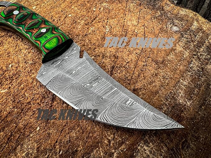 Bushcraft Survival Knife12T27 Damascus Steel Fixed Blade outdoor Knife- Pakka Wood Handle - Pancake Leather Sheath - Traditional Field Knife for Camping Knife, Fishing, Hunting Knife, Men & Women - EDC Knife to Carry on Belt- (GREEN)