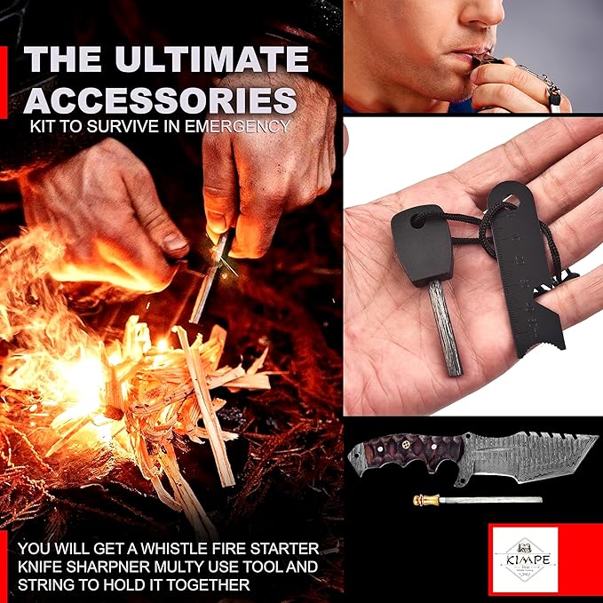 KIMPE 10.5?™â€?Damascus Hunting Knife with Leather Sheath-Fixed Blade EDC Knife-Bushcraft Knives-Wood Handle-Best Camping & Survival Knives-Knives for Men. (Micarta Red & Black)