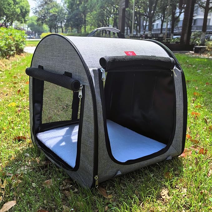 One for Pets Fabric Portable Pet Kennel/Shelter, Single, Gray, 20"x20"x19.5" - Car Seat-Belt Fixture Included