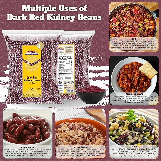 Rani Red Kidney Beans, Dark 128oz (8lbs) 3.63kg Bulk ~ All Natural | Vegan | Gluten Friendly | NON-GMO | Kosher | Raj Mah