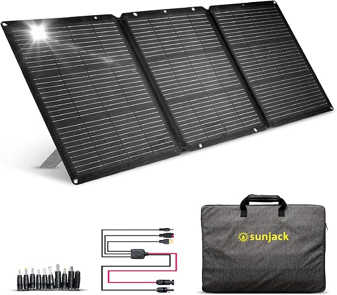 SunJack 120W Foldable Portable Solar Panel Charger with Kickstands, MC4/PD60 USB-C/USB-A, ETFE Monocrystalline, Waterproof Solar Charger for Camping, RV, Power Station, Generator, Off Grid, Emergency