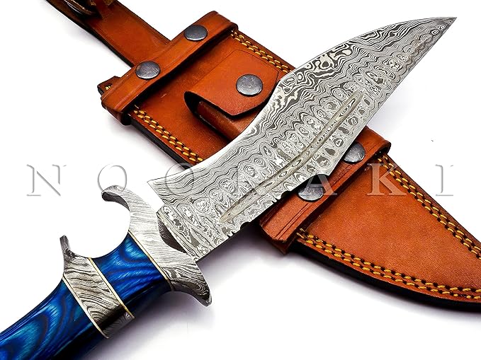 NOORAKI - 15??Damascus Bowie Knife with Sheath | Hand Made Hunting Knife - Fixed Blade Long Bowie Knives - Ideal for Survival ,Chopping, Camping, Outdoor Gift for Men |Tactical Knife Wood Handle (Blue)