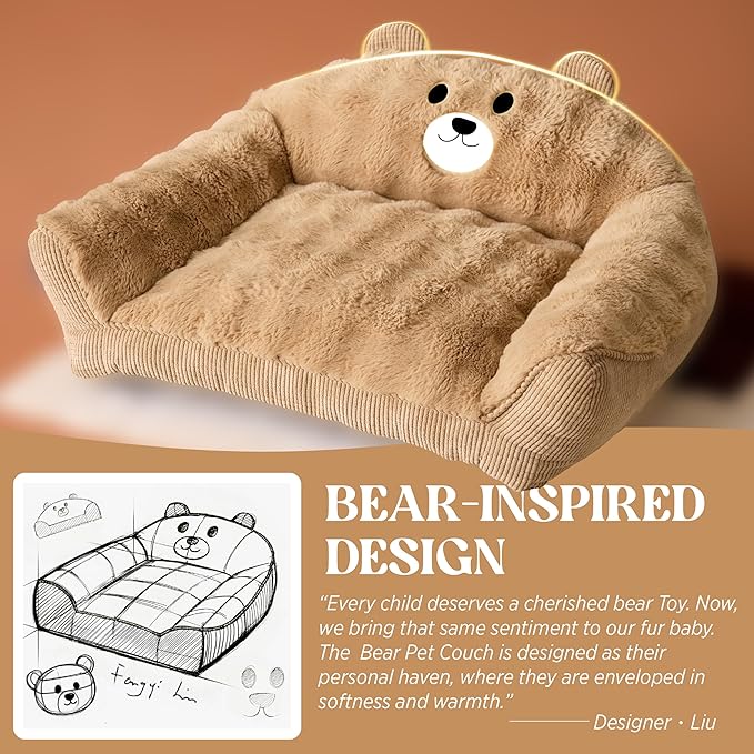 LE SURE Cute Cat Couch for Pets - Fluffy Original Bear Design Cat Beds for Indoor Cats, Fuzzy Cats Sofa with Removable Washable Cover, Supportive Pet Chair, 24inch, Pastel Grey