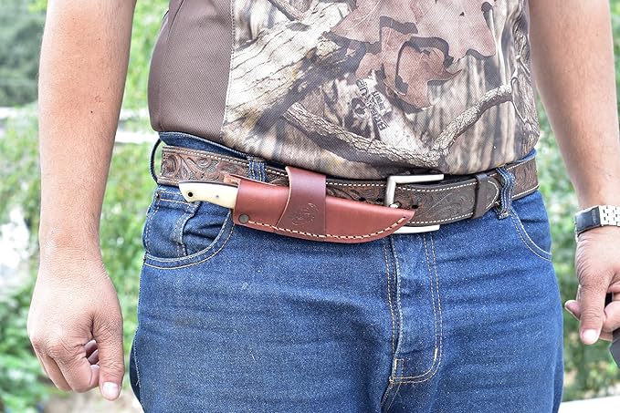 Knives Ranch Handmade EDC Fixed Blade Hunting Knife ??Forged Damascus Steel ??Bone Handle ??Horizontal Carry Sheath ??Outdoor Cowboy Knife (3180-B)
