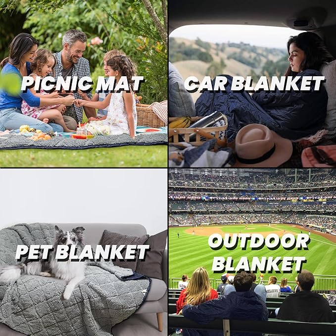 Waterproof Outdoor Blanket 92”X 60” Packable, Stadium Blankets for Camping with Sherpa Fleece Lining, Large Windproof Emergency Throw Mat for Garss Picnic Hiking Road Trip, Machine Washable, Black